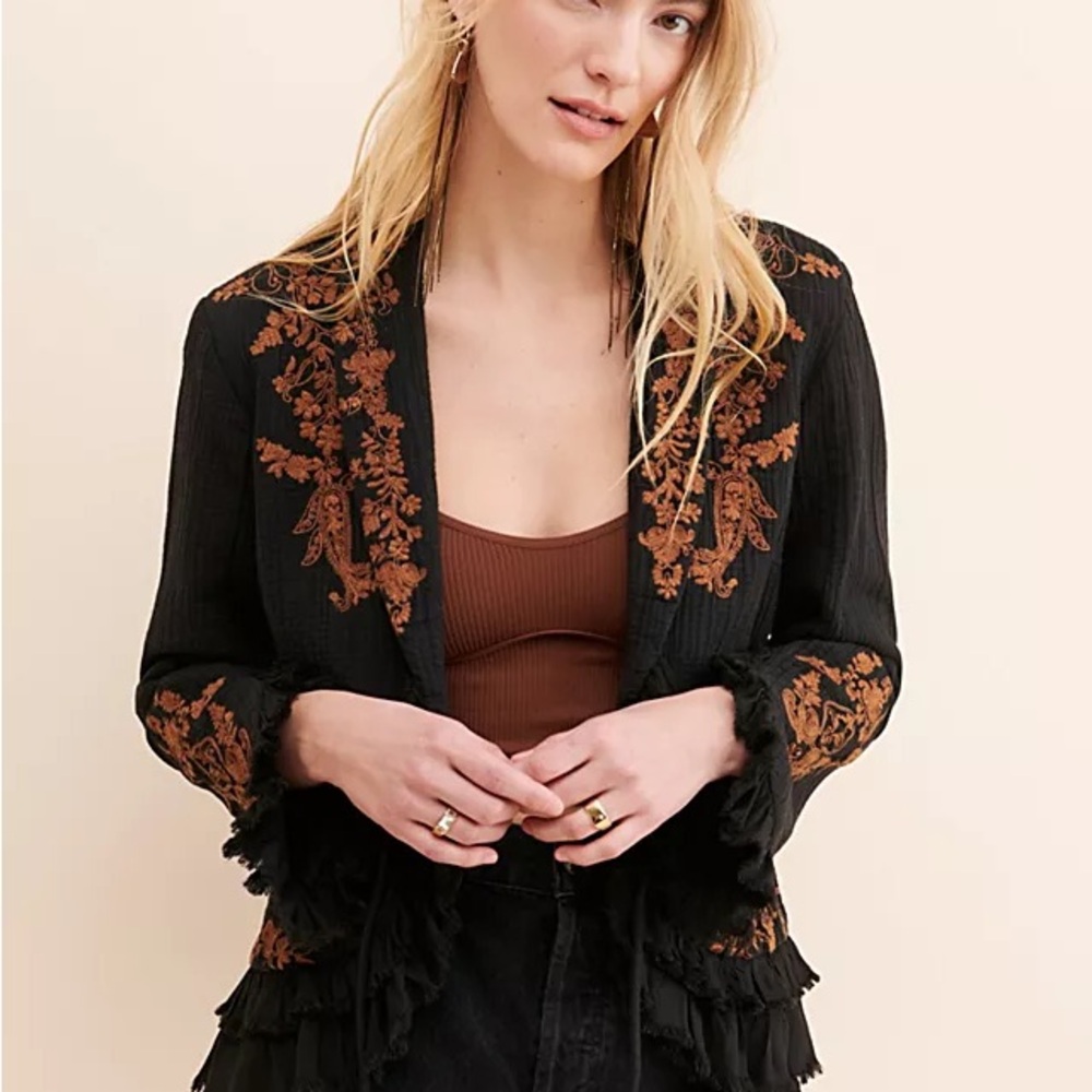 Free People Black Jacket with Gold Embroidery
